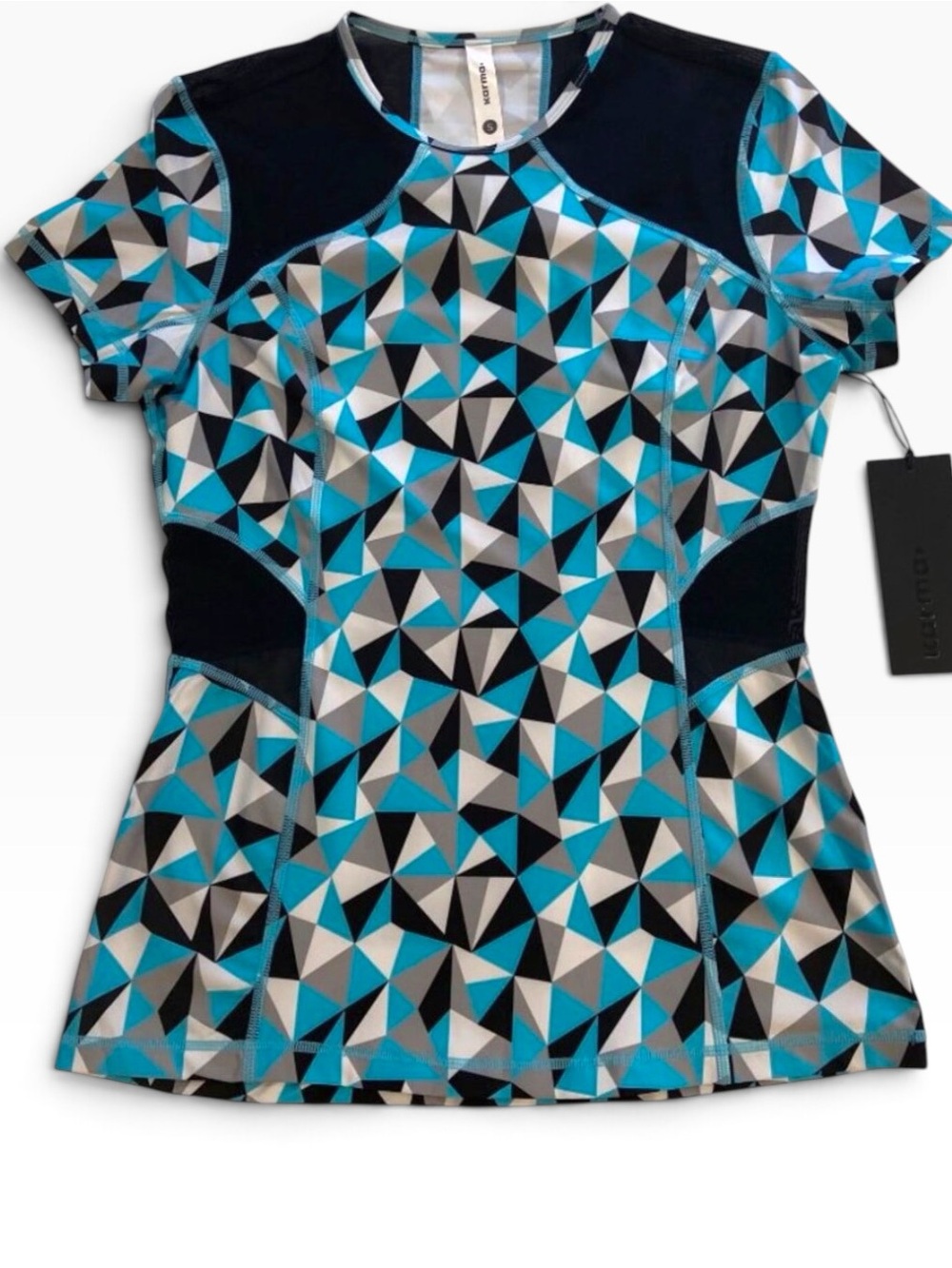 Printed Malia Geometric Tee With Mesh Panels In Turquoise & Black - Size S